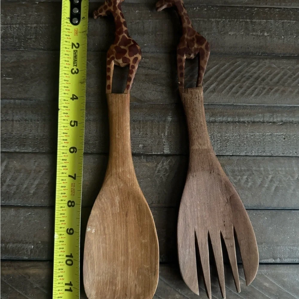 African Hardwood Teak Spoon Fork Spatula Giraffe Handle Salad Serving Set